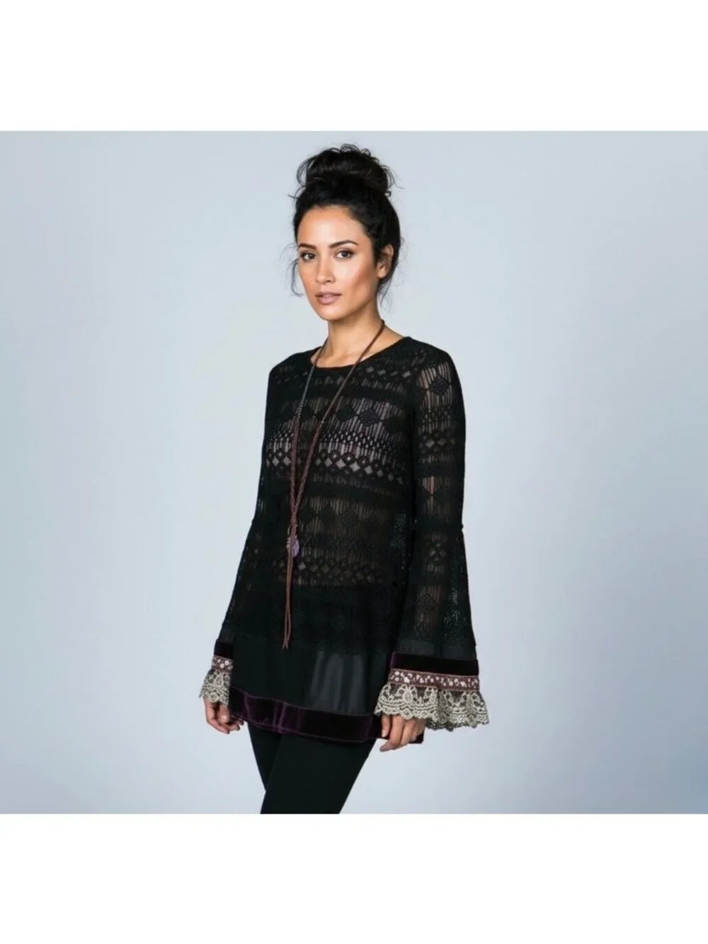 RARE Free People Black Lace Velvet Bell Sleeve Mini Dress Tunic| Whimsigoth Boho - Picture 11 of 16